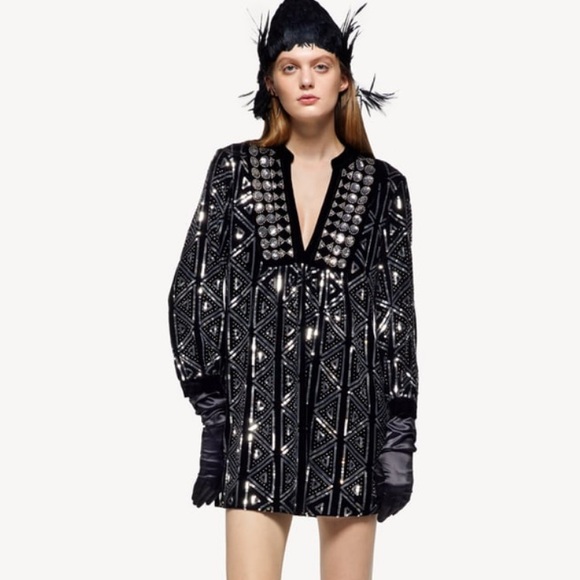 NWT Zara Black Velvet Dress With Silver Sequins - Picture 1 of 4